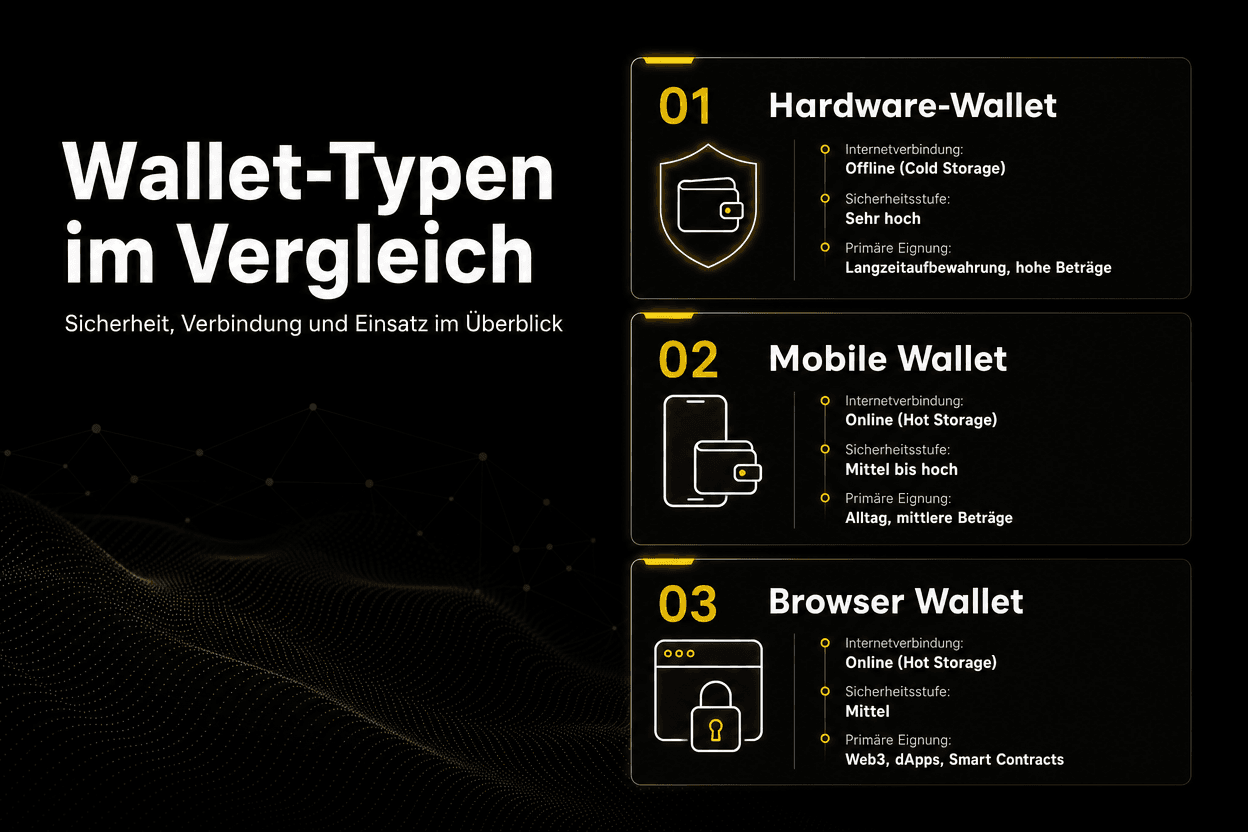 Comparison of different wallet types for crypto: hardware wallet, mobile wallet, and browser wallet with security, connection, and areas of application.