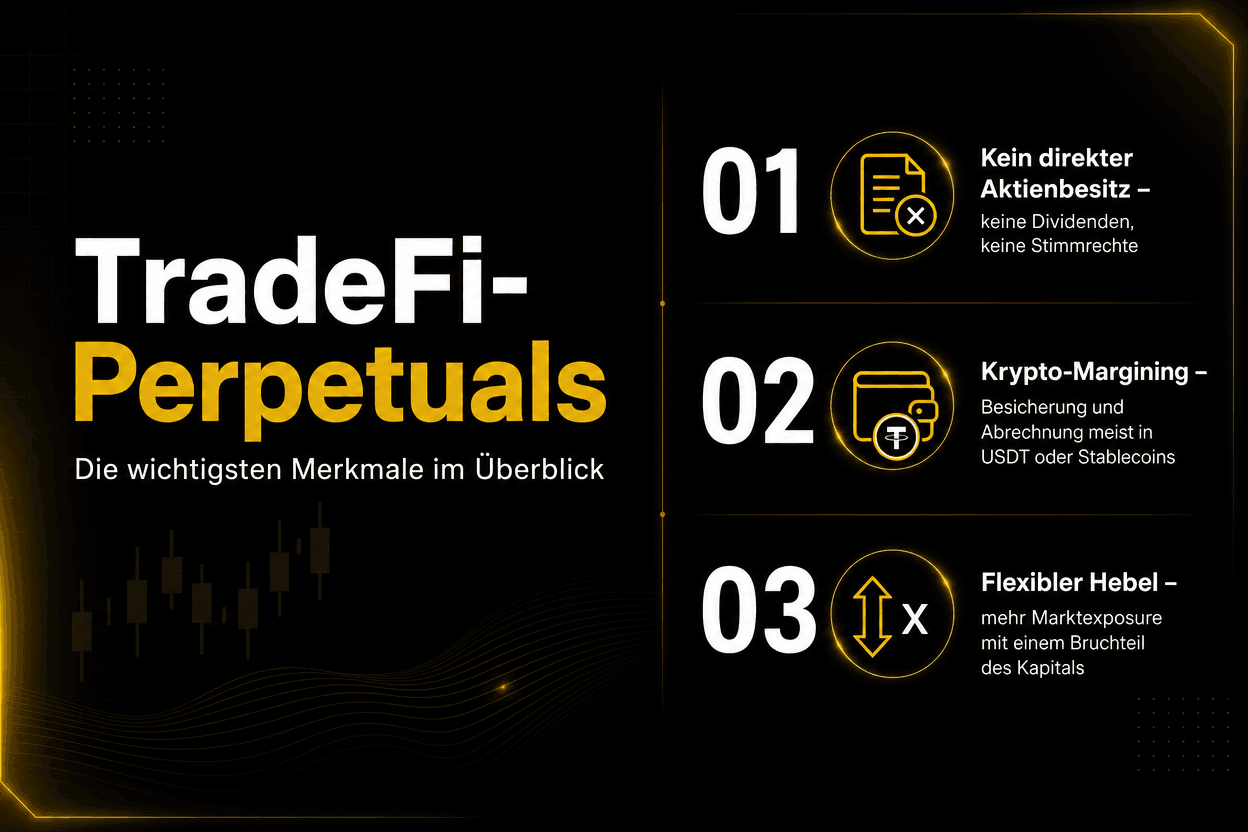 إنفوجرافيك: عقود TradFi الدائمة. لا يوجد امتلاك مباشر للأسهم، هامش بالعملات الرقمية في USDT، ورافعة مالية مرنة لتعرض أكبر للسوق.