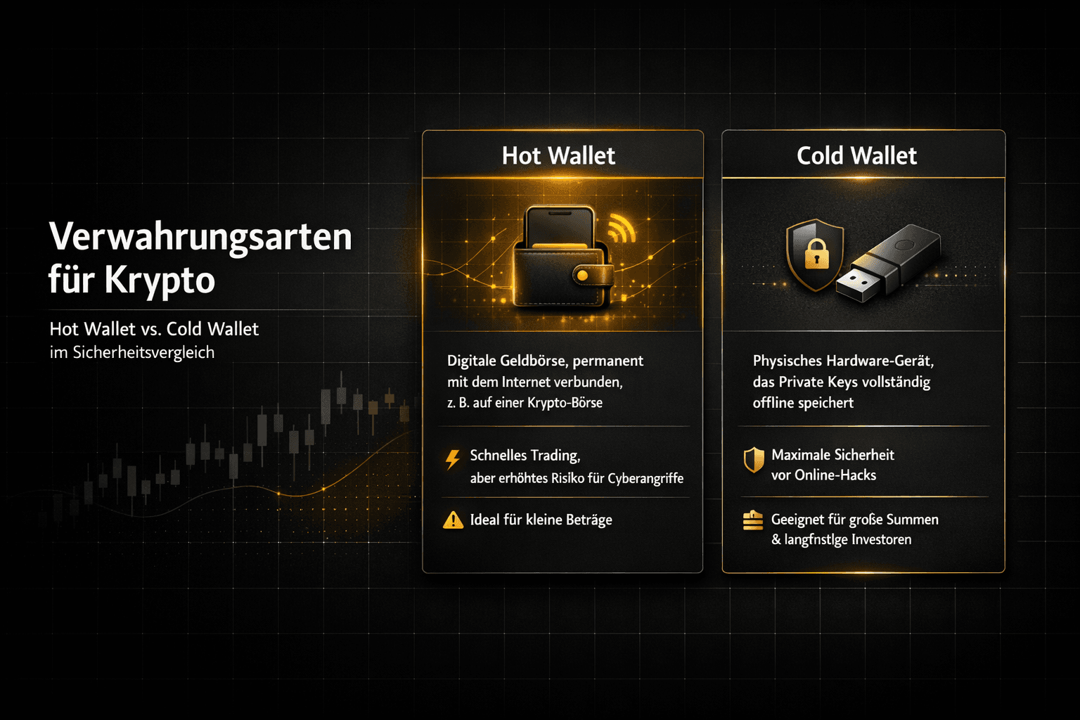 Comparison of hot wallet and cold wallet with two cards: hot wallet for fast trading, cold wallet for maximum security and offline storage.
