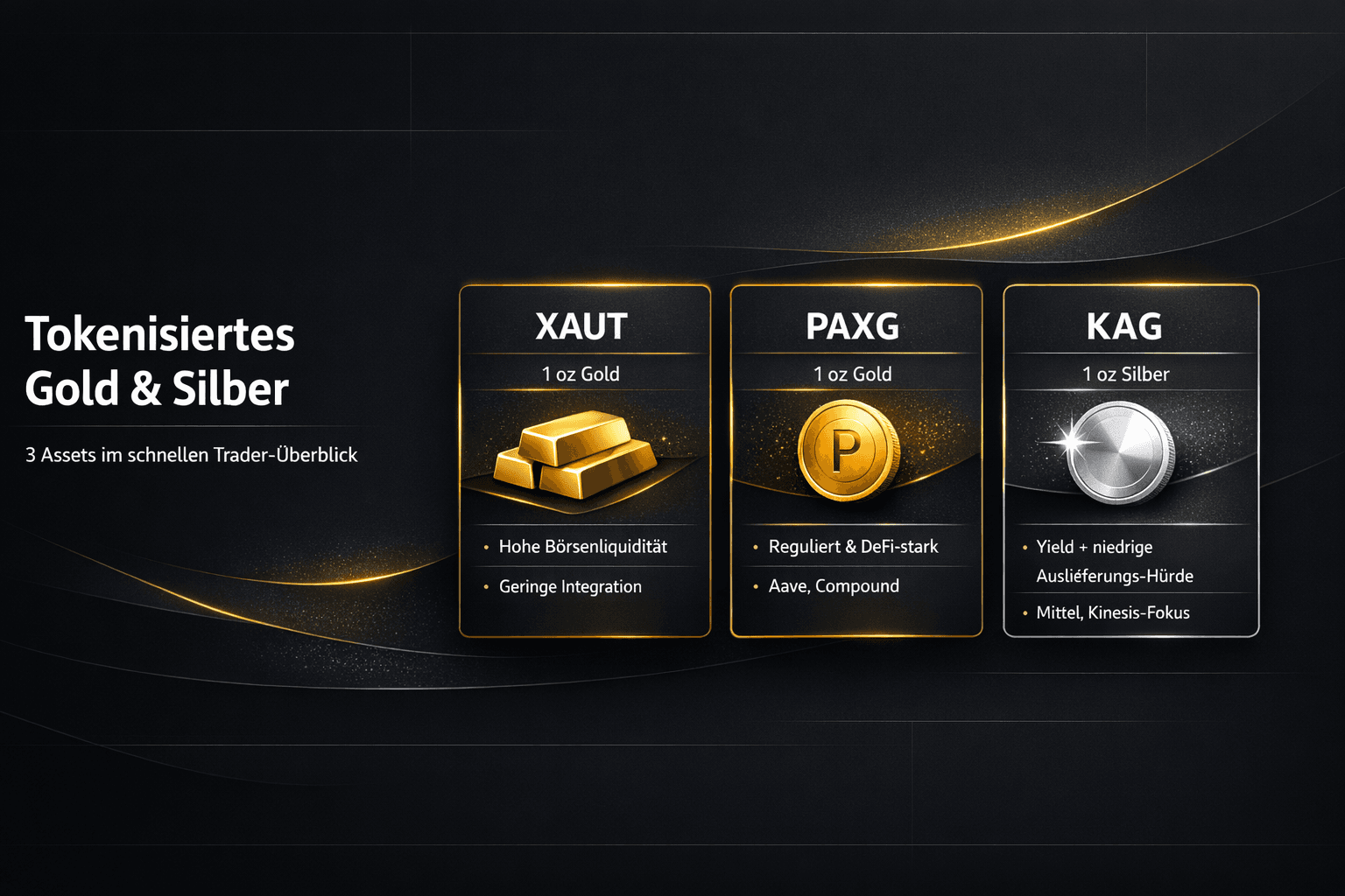 Overview of tokenized gold & silver: Comparison of XAUT (gold bar), PAXG (gold coin), and KAG (silver coin) with features such as liquidity and DeFi.